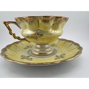 Vintage Cup Saucer‎ Yellow Gold Hand Painted Japan Fan Crest